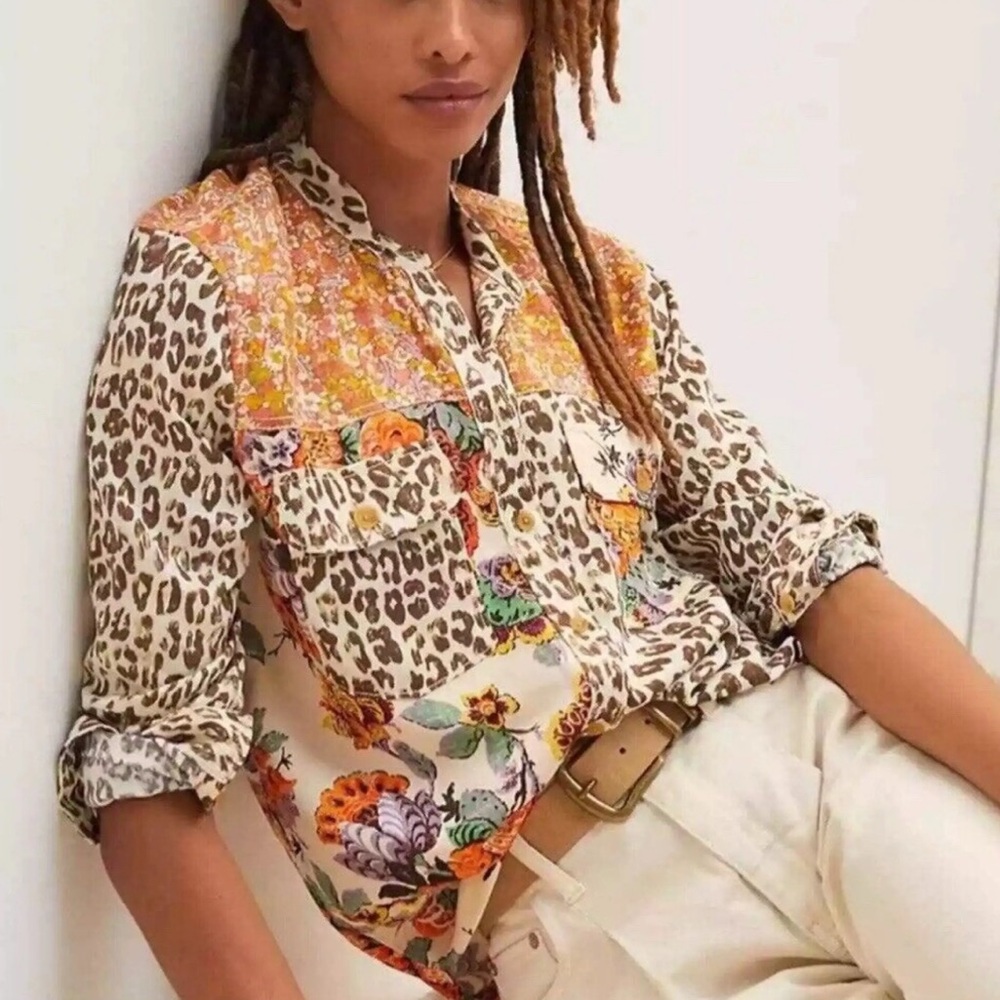 Anthropologie Pilcro Mixed Print Button Up Blouse Cheetah Floral Brown Orange-XS